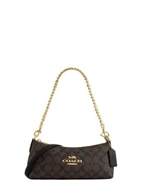 Coach Brown Signature Canvas Shoulder Bag with Gold Chain Strap